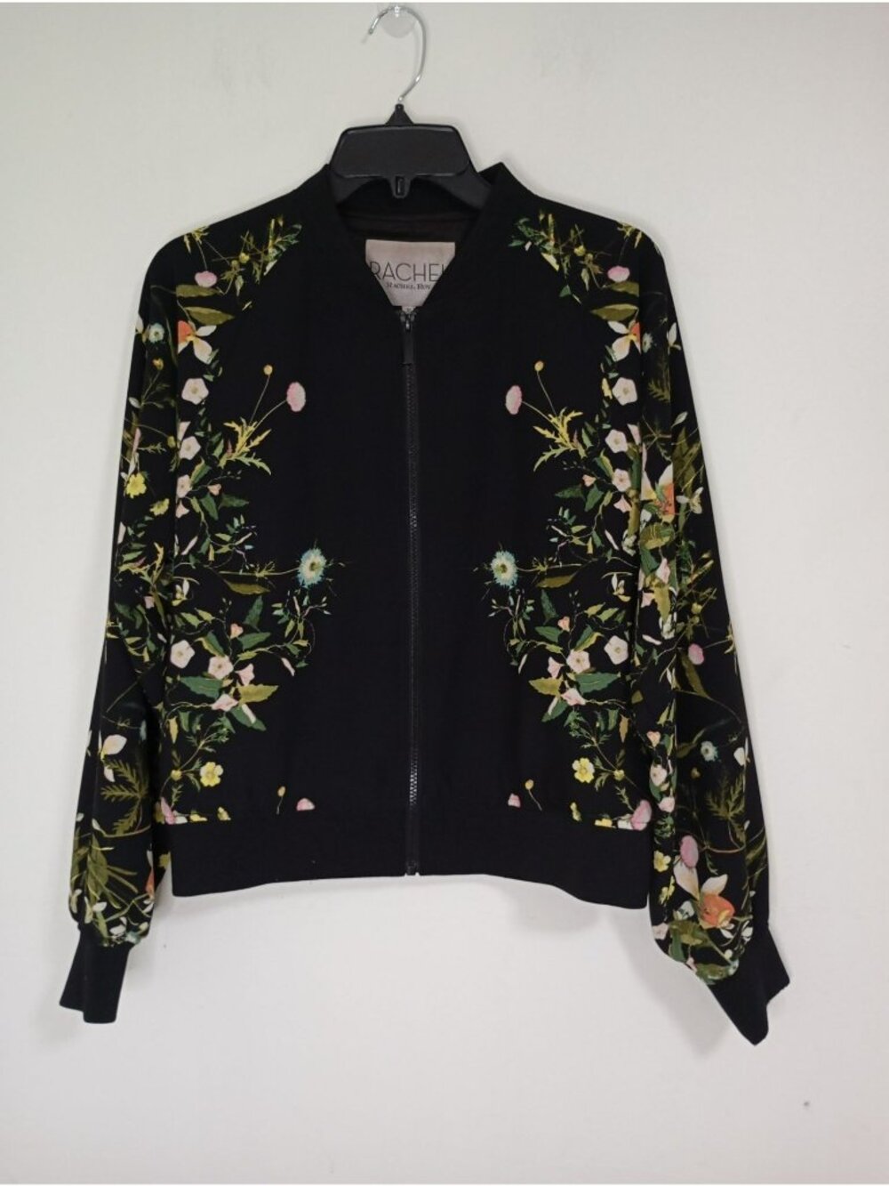 Rachel Roy Black Bomber Jacket With Floral Print Zip Closure Medium Womens - Picture 2 of 10
